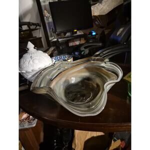 Vintage Hand Blown Art Glass Bowl Featuring Brown Black And White Swirl...